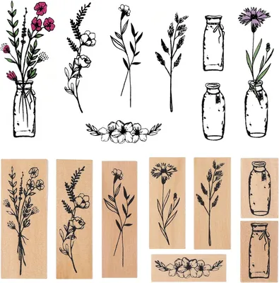 Imagen del producto de Juego de sellos de madera vintage, de 8 piezas, con motivos de flores y jarrones, para manualidades y proyectos de "hágalo usted mismo"