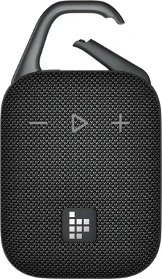 A black portable Bluetooth speaker with a carabiner clip attached.