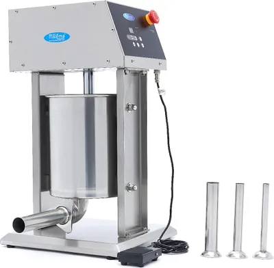 A stainless steel vertical sausage stuffer with a digital display and control panel, shown with three stuffing tubes.