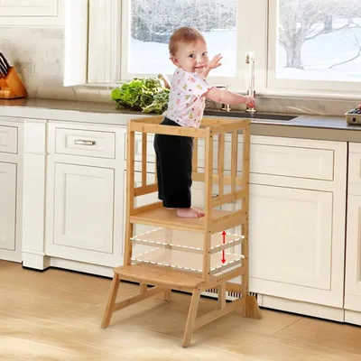 Image de Tour d'apprentissage Montessori ajustable en bambou naturel - Blanc - Pour les enfants à partir de 1 an