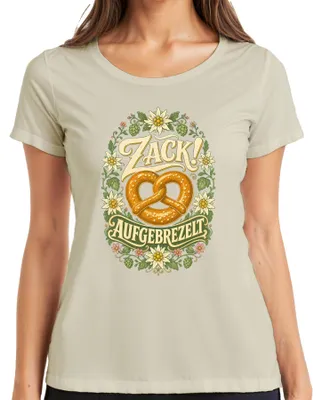 Produktbild von Zack! Aufgebrezelt Brezel Edelweiß Tracht Bayern Lederhose Dirndl Damen T-Shirt, Natur, M