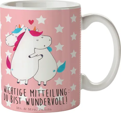 Produktbild von Mr. & Mrs. Panda Becher Einhorn Mitteilung - Rot Pastell - Geschenk, Unicorn, Spruch, Teetasse, Kaffeetasse, Einhörner, Kaffeebecher, Liebe, Valentinstag, schöne tasse