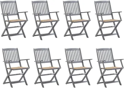 Produktbild von 8 klappbare Gartenstühle aus massivem Akazienholz mit Kissen, graue Lasur, 54x61x88 cm, mit bequemen Polstern für Terrasse, Balkon und Garten