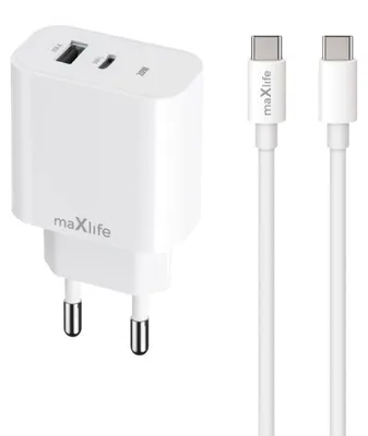 Image de Chargeur Maxlife MXTC-06-20AC PD QC USB-C et USB avec câble USB-C vers USB-C 20 W (OEM0101312)