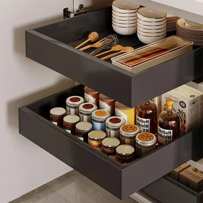 Zdjęcie produktu dla Wysuwana szuflada do szafki kuchennej - 2 sztuki, organizer - czarny, 42x25 cm
