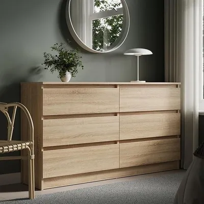 Obrázek produktu pro Komoda se 6 zásuvkami, šířka 140 cm, Imitace dřeva Sonoma. Skříň, komoda se zásuvkami, komoda, skříňka, vysoká komoda, nábytková sestava. Vhodné do ložnice, obývacího pokoje, chodby, kanceláře. Organizér