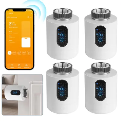 Obrázek produktu pro Chytrý termostat pro radiátory Peviasot, WiFi, ovládání přes aplikaci, kompatibilní s platformami Smart Life/Tuya, bílý, sada 4 kusů, včetně 7 adaptérů pro ventily
