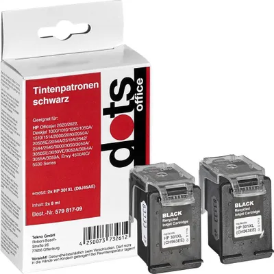 Produktbild von dots schwarz Druckerpatronen kompatibel zu HP 301XL (D8J45AE), 2er-Set