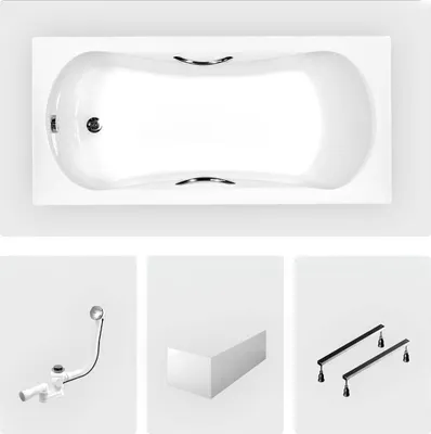 Produktbild von Rechteckige Badewanne - 150 x 70 cm - mit weißer Frontschürze - Füße - Griffe - Chromablauf - ARIA PLUS