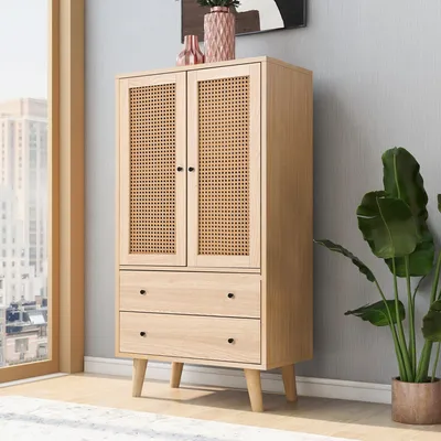 Produktbild von Sweiko Highboard, Sideboard mit Rattantüren und 2 Schubladen, Holzbeine, 60*40*120cm