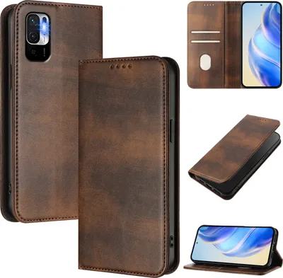 Image de Etui pour Xiaomi Poco M3 Pro/Redmi Note 10 5G, étui en cuir vintage avec protection RFID, fentes pour cartes, support Marron