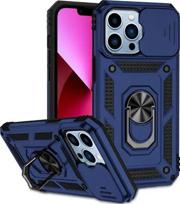 Image de Étui pour iPhone 13 Pro étui double couche avec couvercle coulissant pour appareil photo et anneau de support bleu
