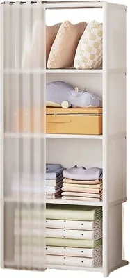 A tall, narrow, modular storage unit with shelves and a translucent curtain on the left side.