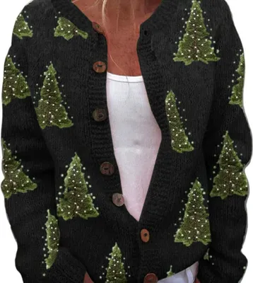 Produktbild von ASKSA Damen Weihnachts Strickjacke Weihnachtsjacke Weihnachten Cardigan Reindeer Weihnachtsmann Weihnachtspullover Sweat,Schwarz,XXL
