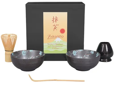 Produktbild von Matcha Set / Matchaset / 2x Matcha Schale 250ml, anthrazit/blau, mit Besen/Löffel/Halter in Geschenkbox