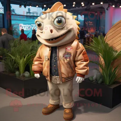 Produktbild von Beigefarbener REDBROKOLY Fisch-Tacos Maskottchen Kostüm charakter bekleidet mit einer Motorradjacke und Anstecknadeln