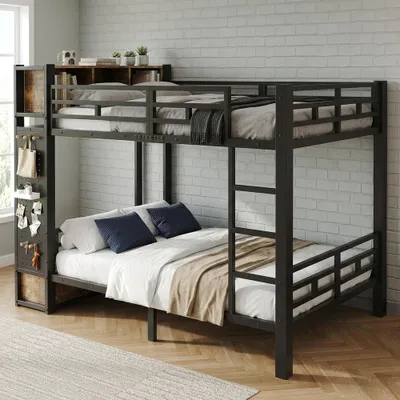 Produktbild von Metall-Etagenbett,Hochbett, Stockbett 120x200 cm mit Stauraum, Kleiderstange, Schublade, Lochwand und offenen Ablagefächern,Schwarz