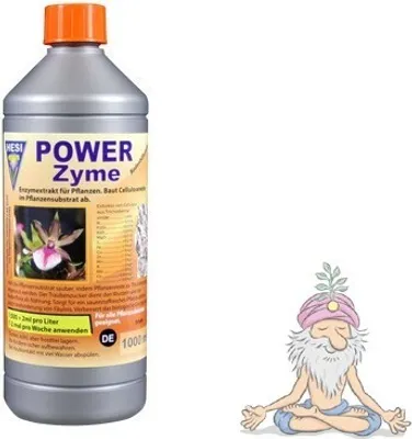 A bottle of Hesi PowerZyme next to a cartoon illustration of a meditating guru.