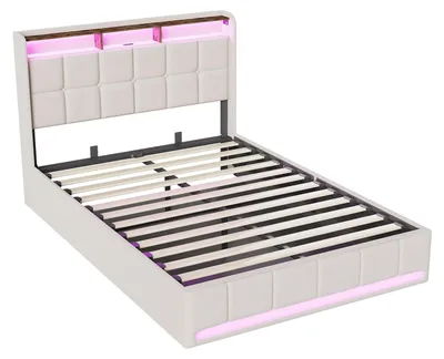 Produktbild von Polsterbett - Stauraumbett mit Gaslift - 140x200 cm - Lattenrost - LED-Beleuchtung & USB - Ohne Matratze - Beige