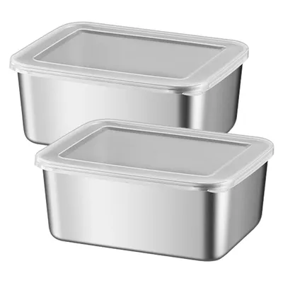 Two stainless steel food storage containers with clear lids are stacked on a white background.