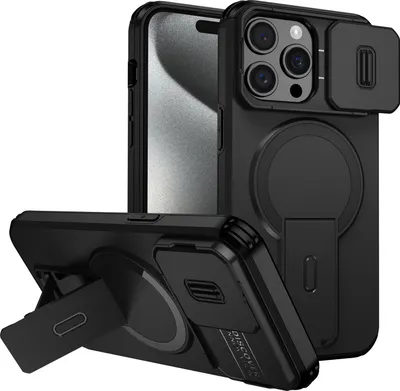 Immagine prodotto di Custodia magnetica per iPhone 15 Pro Max, custodia resistente a doppio strato con protezione scorrevole della fotocamera e supporto regolabile Nero