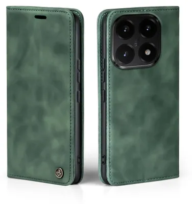 A green flip case for a smartphone, shown from the front and back.