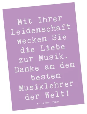 Produktbild von Mr. & Mrs. Panda Postkarte Spruch Musiklehrer Liebe - Lavendeltraum - Geschenk, Ansichtskarten, Grußkarte, Aufmerksamkeit, Danke sagen, Fotokarte, einzigartig, Dankeschön