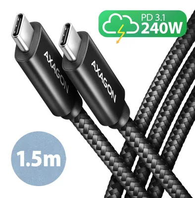 Produktbild von Axagon BUCM2-CM15AB Ladekabel USB-C zu USB-C 2.0, 1,5 m, PD 240 W 5 A, ALU - Schwarz - 1,5 Meter langes USB-C zu USB-C Kabel, 1,5 m, USB C, USB C, USB 2.0, 0,48 Gbit/s, Schwarz