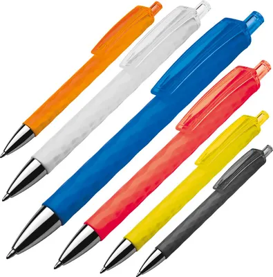 Produktbild von 6 Kugelschreiber aus Kunststoff mit gemustertem Schaft / 6 verschiedene Farben