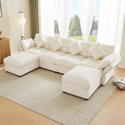 Produktbild von STILVORA Modulares Sofa als U-/L-förmige mit 2 Hockern und verstellbaren Armlehnen, Wohnlandschaft im Cloud-Sofa-Design mit 4 Kissen und 2 Kopfstützen, Ecksofa aus Chenille-Stoff ,Beige