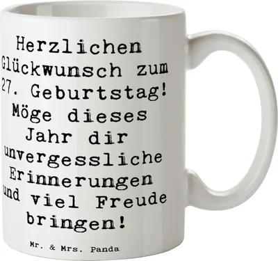 Produktbild von Mr. & Mrs. Panda Kaffeetasse Spruch 27. Geburtstag - Weiß - Geschenk, Alter, besondere Botschaft, Becher, kaffeebecher keramik, Tasse, Happy Birthday, Teetasse