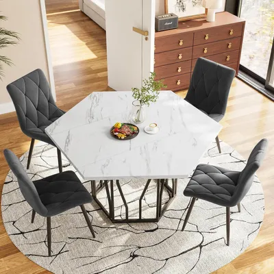 Obrázok produktu pre Šesťuholníkový jedálenský stôl, 115,5 x 100 x 75 cm, vzhľad mramoru, MDF, čierna farba, kovová konštrukcia