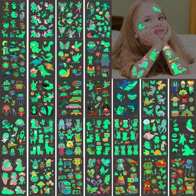 Imagen del producto de Tatuajes fluorescentes temporales para niños, 30 unidades, unisex, ideales para fiestas de cumpleaños