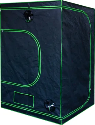 A black grow tent with green trim and ventilation ports.