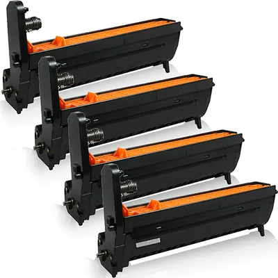 A set of four black and orange printer toner cartridges are arranged diagonally on a white background.