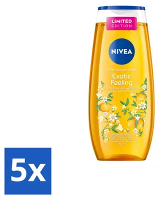 Imagen del producto de 5 unidades de gel de ducha Nivea, línea "Exotic Feeling", 250 ml cada uno. Paquete económico