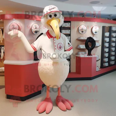 Productafbeelding van Crème Flamingo mascotte REDBROKOLY kostuum karakter gekleed met een Henley shirt en ringen