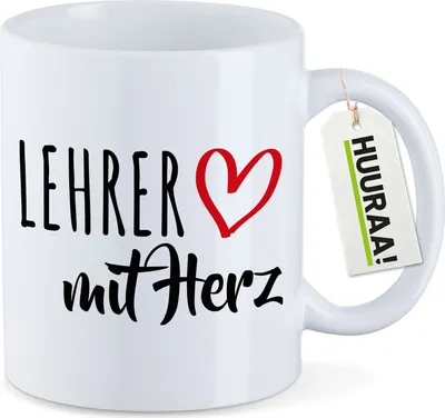Produktbild von Huuraa Kaffeetasse Lehrer mit Herz 330ml Weiß Keramik Kaffeebecher Geschenkidee