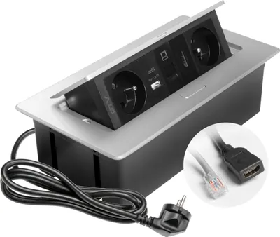 Produktbild von GTV - Einbausteckdose MULTISOFT aluminium mit 2x Steckdose mit Erdung, USB A+C, RJ45, HDMI 2.0, versenkbar mit Abdeckung, 1,5?m Kabel, ideal für Küche, Büro oder Konferenztisch