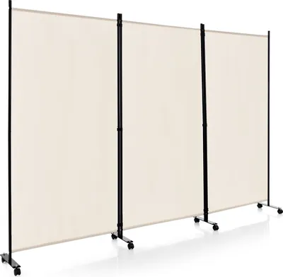A three-panel room divider with a beige fabric screen and black metal frames, shown on a white background with wheels at the base of each frame.