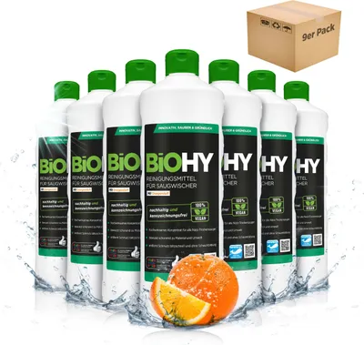 Produktbild von BiOHY Reinigungsmittel für Saugwischer mit Orangenduft, Reiniger für Nass- und Trockensauger, Bodenwischpflege, Reiniger – 9er Pack (9 x 1 Liter Flasche)