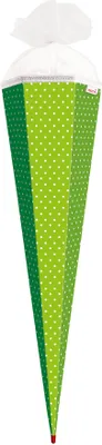 Produktbild von Bastel-Schultüte groß grün - weiße Punkte 85 cm - 6-eckig Rot(h)-Spitze und Tüllverschluss weiss