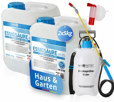 Produktbild von Nanoprotect Essigsäure Klimaneutral - 10 kg inkl. Drucksprüher + Auslaufhahn | 49,9% | Nachhaltig und CO2 neutral | Ideal als Reiniger und Entkalker | Für Haus und Garten