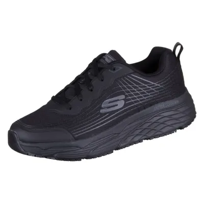 A single black Skechers work shoe is shown against a white background.