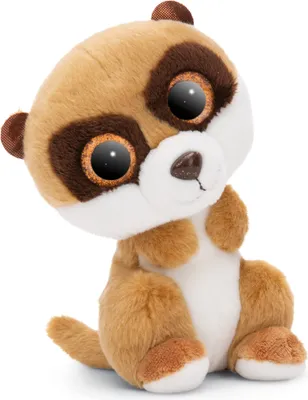 A plush meerkat toy sitting on a white background.
