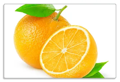 Produktbild von Wallario Frühstücksbrettchen aus Glas 20 x 30 cm mit rutschfesten Füßen, Motiv Saftige Orangen vor weißem Hintergrund