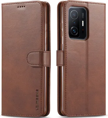 A brown leather flip case for a Xiaomi 11T phone is shown from two angles, open and closed.