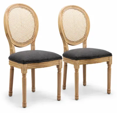 Image de Ensemble de deux chaises de salle à manger en lin, avec dossier en rotin ovale et structure en bois d'hévéa, couleur gris