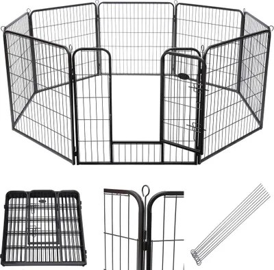 A black metal pet playpen is shown assembled in an open configuration, with additional components shown below.