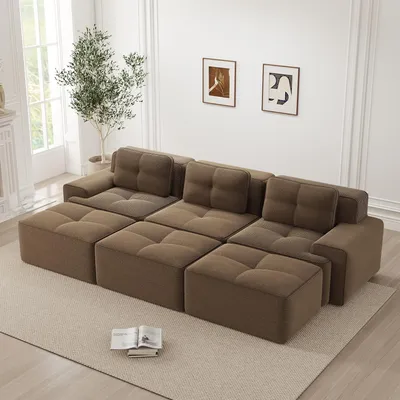 Produktbild von Rahmenloses Ecksofa aus weichem Cordstoff, modular mit Schlaffunktion und 3 Hockern, 3-Sitzer-Wohnzimmersofa